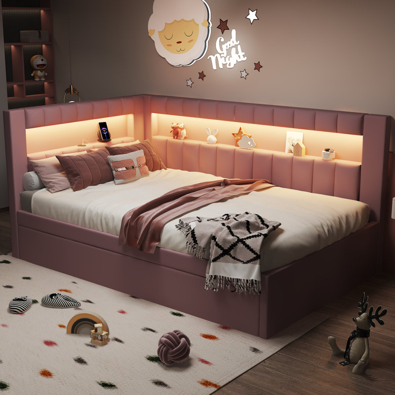 Lit plateforme tapissier simple avec ports USB et ceinture à DEL, avec lit gigogne, rose, Lit simple