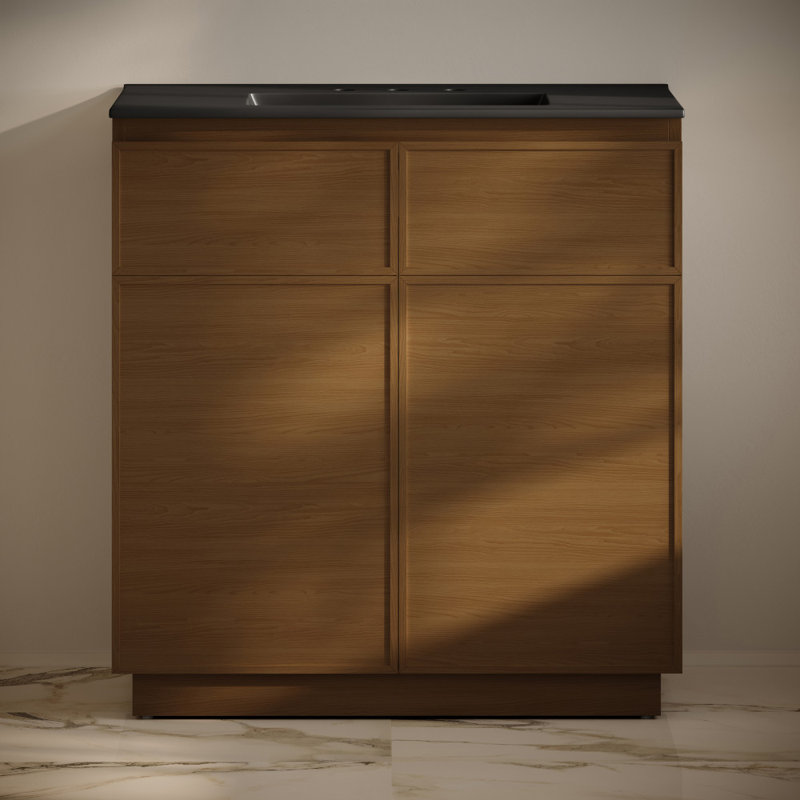 St. Tropez 36" Freestanding Bathroom Vanity With Sink Top, Black, Brown Oak, 8" Centers
