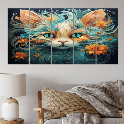 Magical Amber And Teal Cat With Flowers I - Animals Cat Canvas Print - 5 Equal Panels