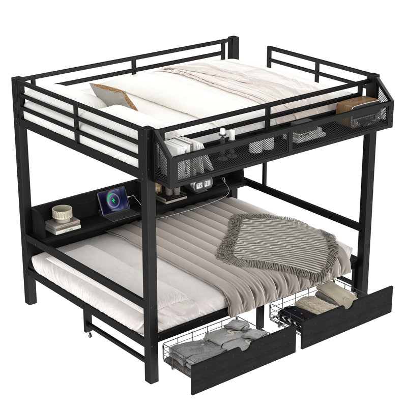 Queen over Queen Metal Bunk Bed with Storage Shelves & Drawers, USB Ports, LED Lights & Convertible Sofa – Black, Black