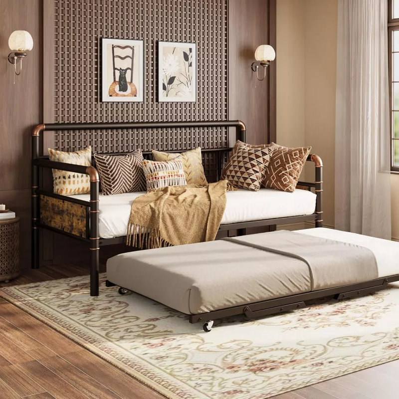 Daybed with Trundle, Twin Daybed with Pop Up Trundle Set, Metal Twin Bed Frame with Steel Slat Support, Sofa BedFrame, Brown