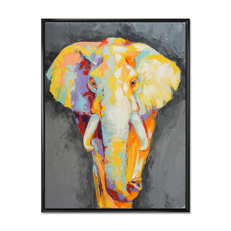 Peinture, portrait d'éléphant II - œuvre d'art moderne sur toile, H 36 po x l 24 po x P 1 po, Toile à cadre flottant noir