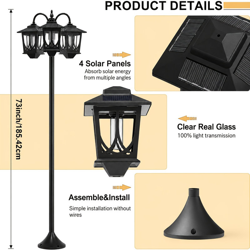Lampadaire solaire à 3 têtes à 3 têtes, lumières solaires extérieures imperméables de 73 po, lumières de sentier 60 Lm 3000K pour jardin, pelouse, cour