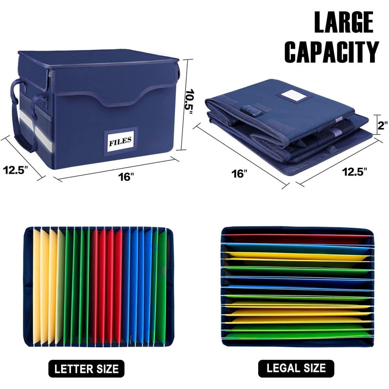 File Box Fireproof Document Box With Lock,File Storage Organizer Box With Insert Pocket,Collapsible Portable File Box Home Office File Cabinet With Handle For Hanging Letter/Legal Folder,Blue