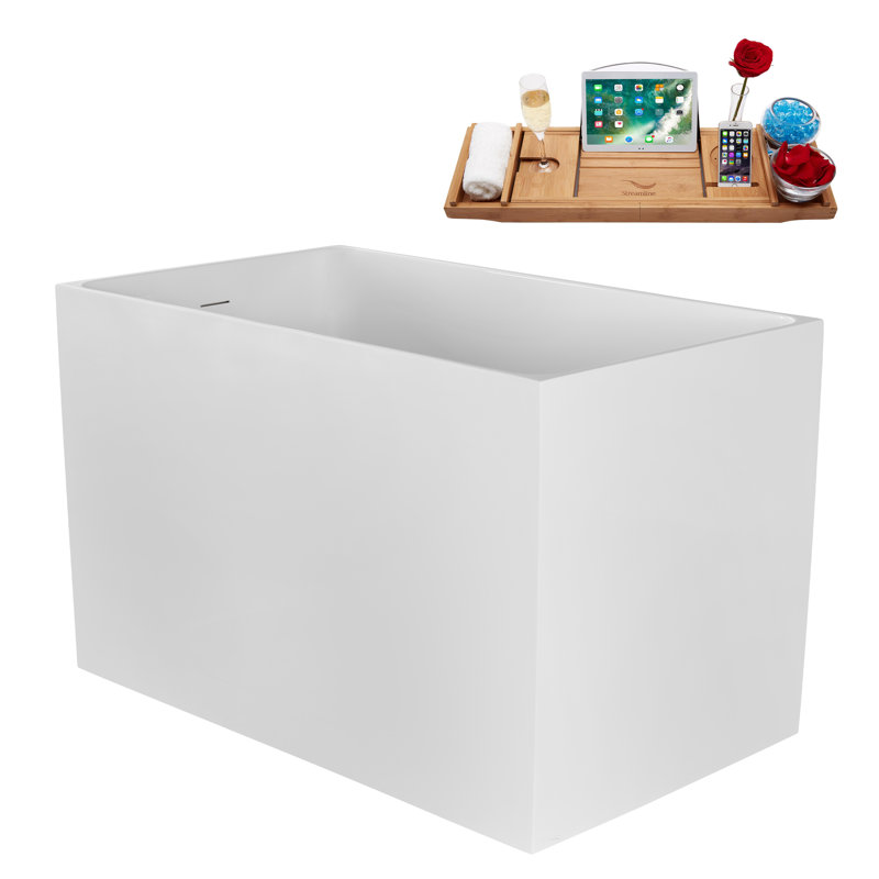 47" Streamline Soaking Acrylic Freestanding Bathtub, Bamboo Tray, Drain, Glossy White