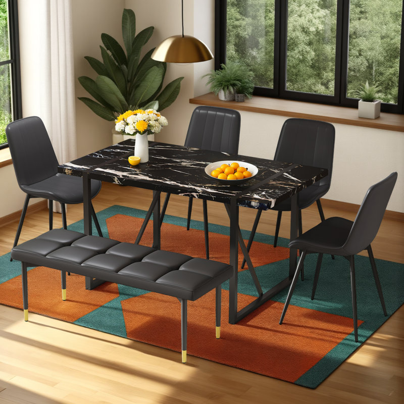 Ensemble de table de salle à manger en marbre noir, table de 55 po avec 4 chaises en polyuréthane et 1 banc pour des espaces de salle à manger élégants