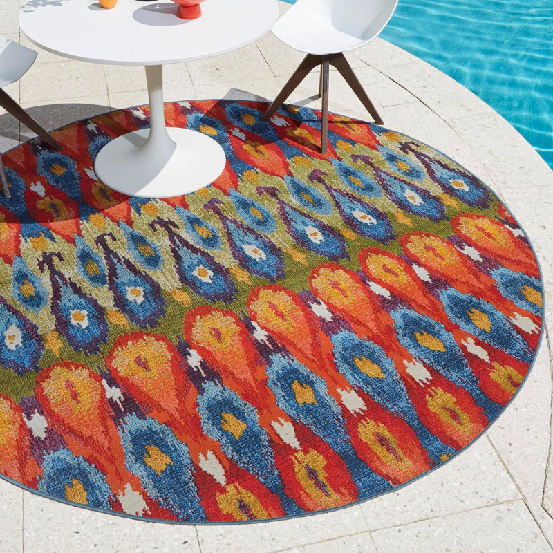 Tapis bleu intérieur / extérieur Newt Ikat, Rond 5 pi 1 po