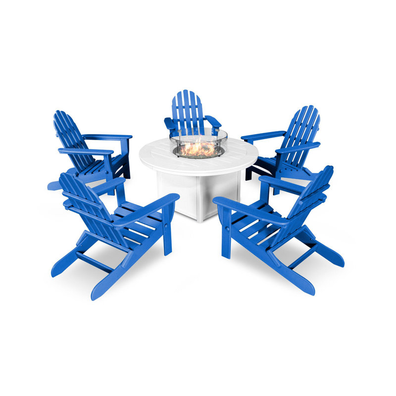 POLYWOOD Classic Folding Adirondack 6-Piece Conversation Set with Fire Pit Table, Pacific Blue
