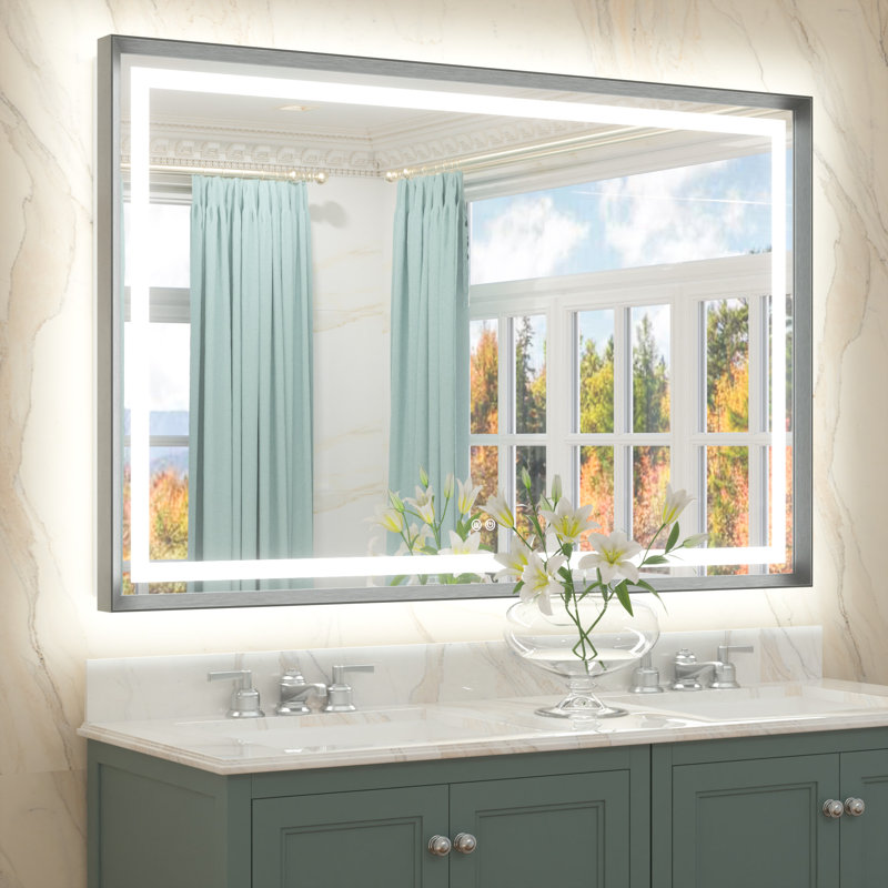 Dineen Front and Backlit LED Tempered Glass Vanity Mirror, 48" x 36", Dark Gray