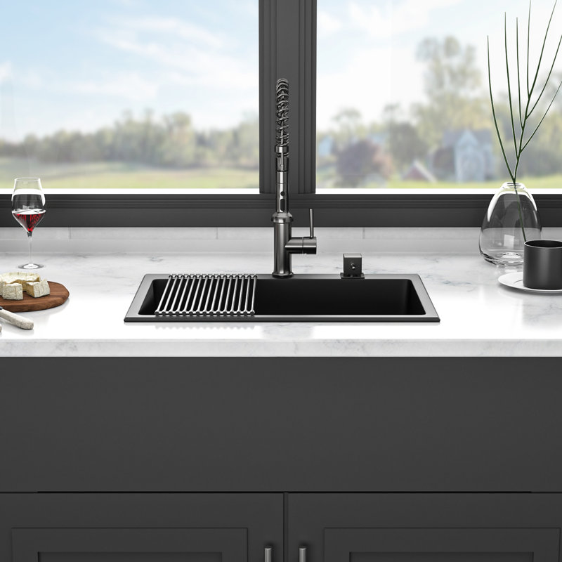 Évier 33 x 22 po en composite de quartz, aspect granit noir, évier de surface hygiénique et insonorisé