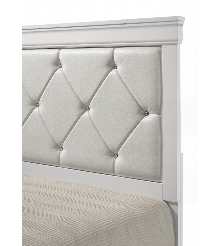 Lit à panneaux moderne grand / très grand avec tête de lit tapissier, finition blanche, aucun sommier requis, meubles en bois durable