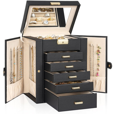 6-Tier Jewelry Box Lockable Leather Jewelry Storage Case With 5 Drawers ,Black-Gold