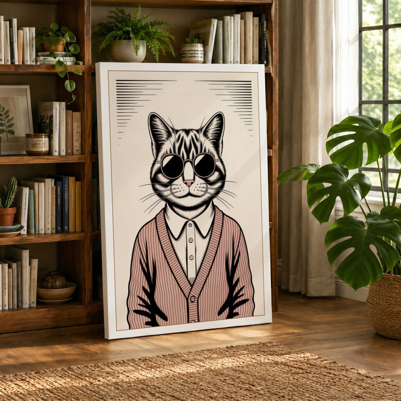 Cat in Cardigan Boho - Wrapped Canvas, 24x16 - 61.0 x 40.6 cm, Ochre Border