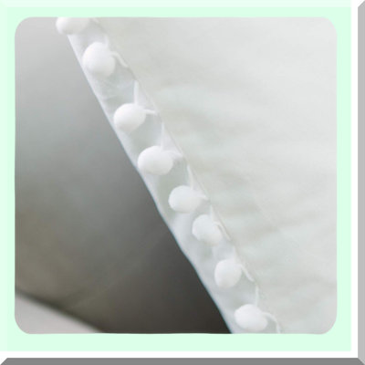 Pom Pom White Velvet Square Pillow Covers - Soft Decorative Cushion Cases for Sofa, Couch, Bedroom, Car - Pack of 2
