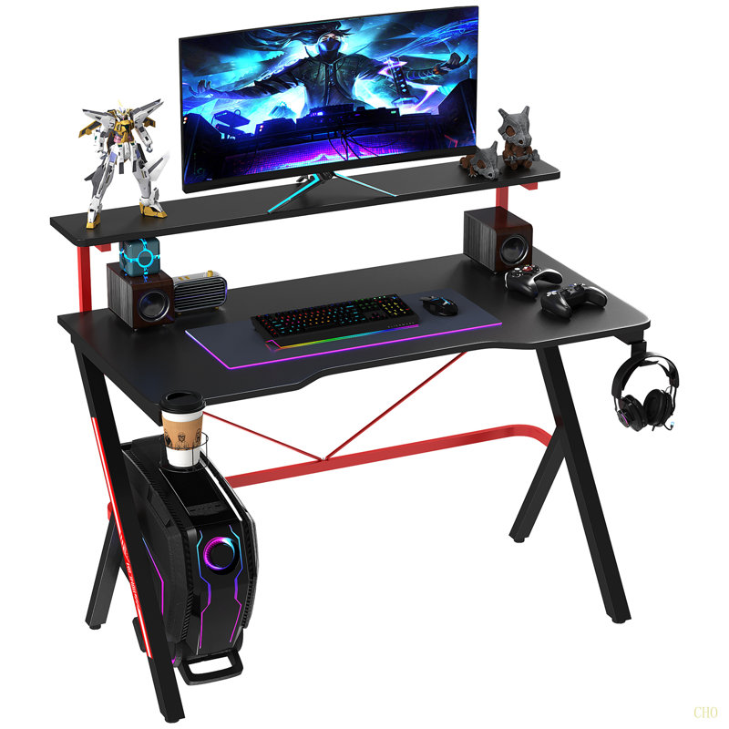 Station de travail de bureau d'ordinateur de bureau de course de 47 pouces avec support pour porte-gobelet pivotant