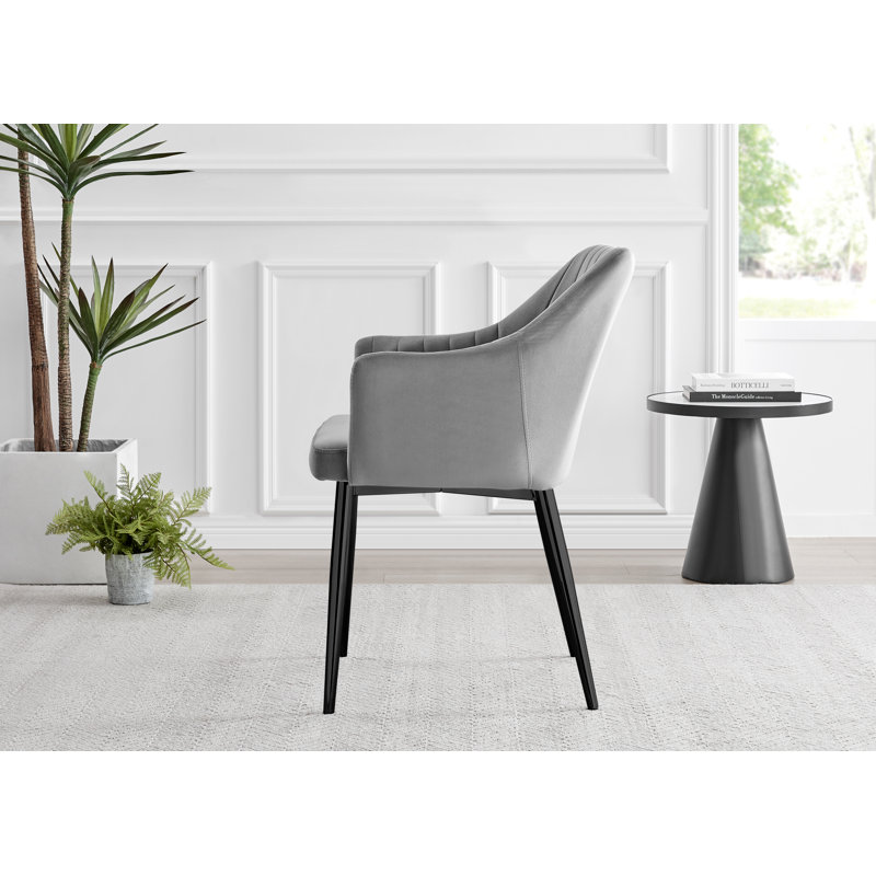 Bernell Modern Chrome Metal & Glass Round Dining Table Set with 4 Luxury Button Velvet Chairs, Grey/Black