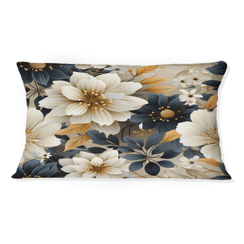 Fleurs bleues et beiges, motif de chrysanthèmes I - coussin à imprimé floral