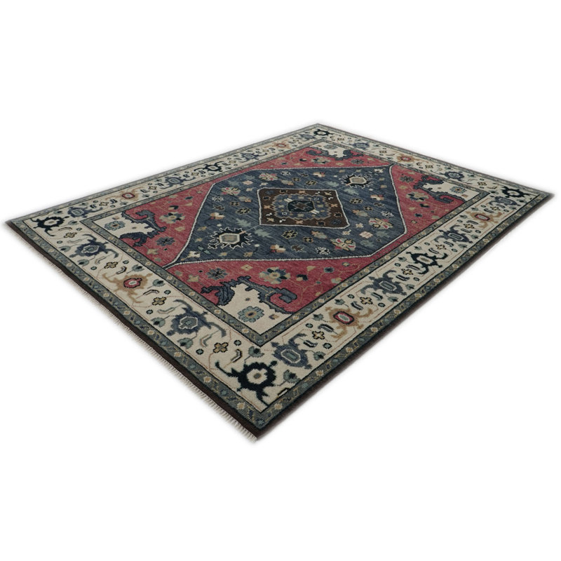 Tapis traditionnel rose en laine noué à la main 9 x 11 pi 11 po bleu Oushak, Rectangle 9 pi x 11 pi 11 po, Rose