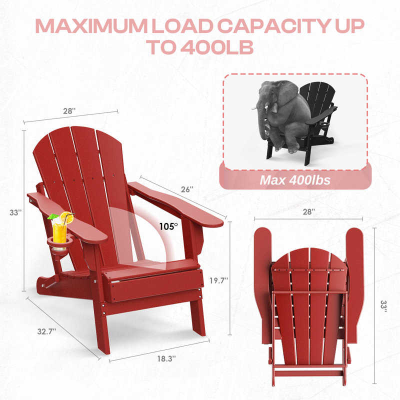 Chaise Adirondack pliante en HDPE avec porte-gobelet (ensemble de 2), Rouge
