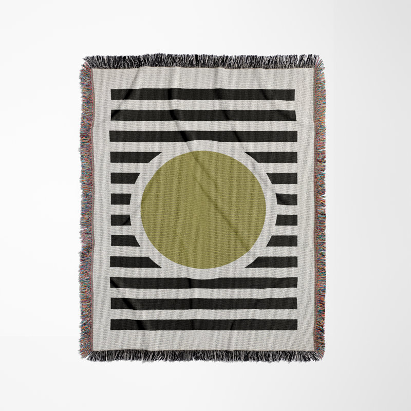 Circle Abstract Cotton Blend Blanket Throw, 80" L x 60" W, Black/Chartreuse/Off-White
