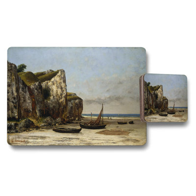 Coastline Beach Placemats And Coaster Set With Cliffside Boats Art