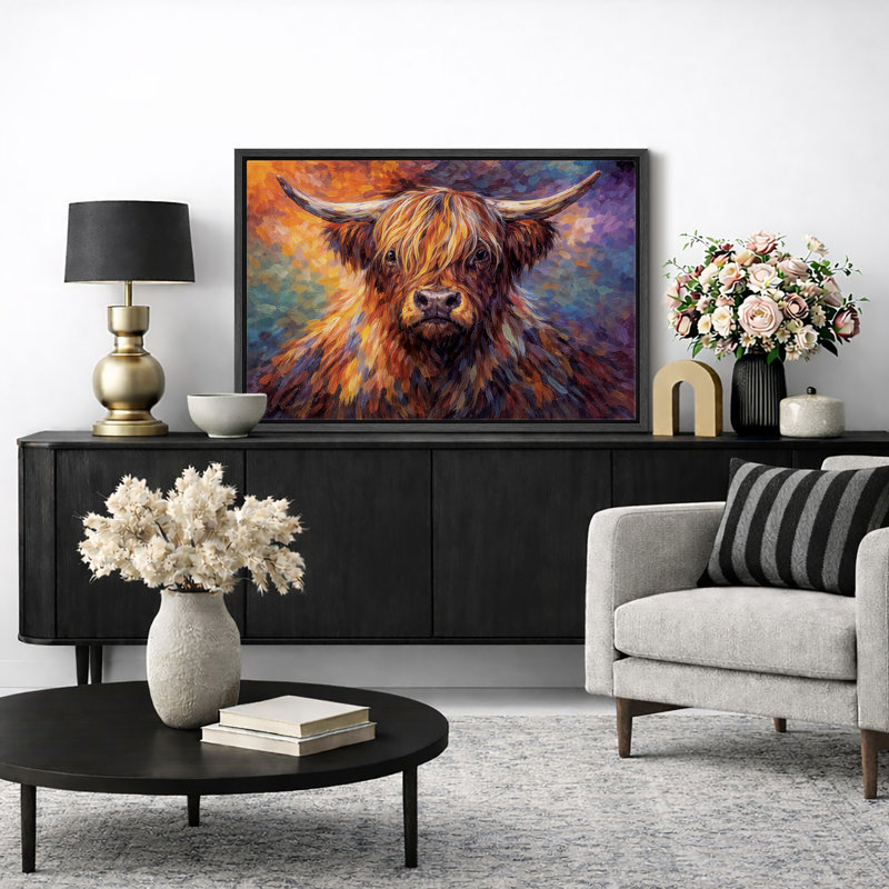 «Highland Cow», art animalier coloré, impression sur toile encadrée, H 24 po x l 36 po x P 1,5 po, Cadre noir