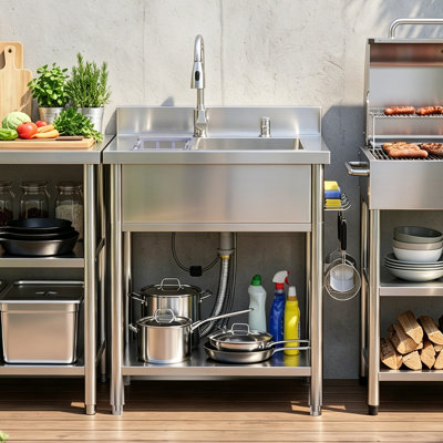 Évier utilitaire en acier inoxydable, évier autoportant de 28 po avec robinet d'eau froide et chaude rétractable, tuyaux et ensemble de drain pour les cuisines, les salles de bain, le garage, la salle de lavage, le nettoyage des animaux de compagnie