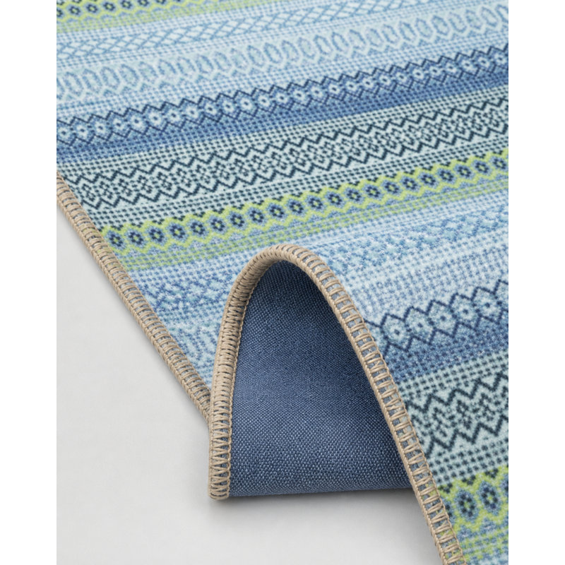 Blue Themed Stripe Geometric Patterned Fringed Vintage Decorative Carpet, Rectangle 3'4" x 6'7"