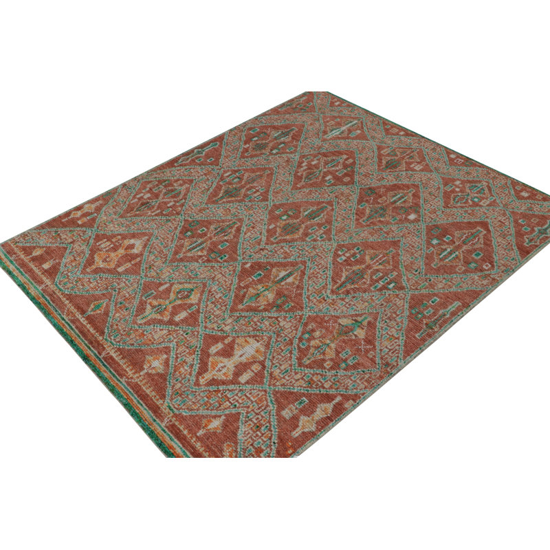 Moroccan Hand Knotted Geometric Area Rug in Red, Green, Orange, Teal, Rectangle 8' x 10'