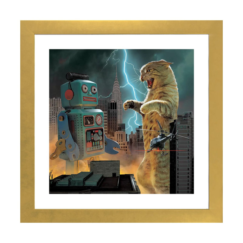 " Catzilla Vs Robot " by Vincent Hie, Gold Framed Paper, 24" H x 24" W x 1" D