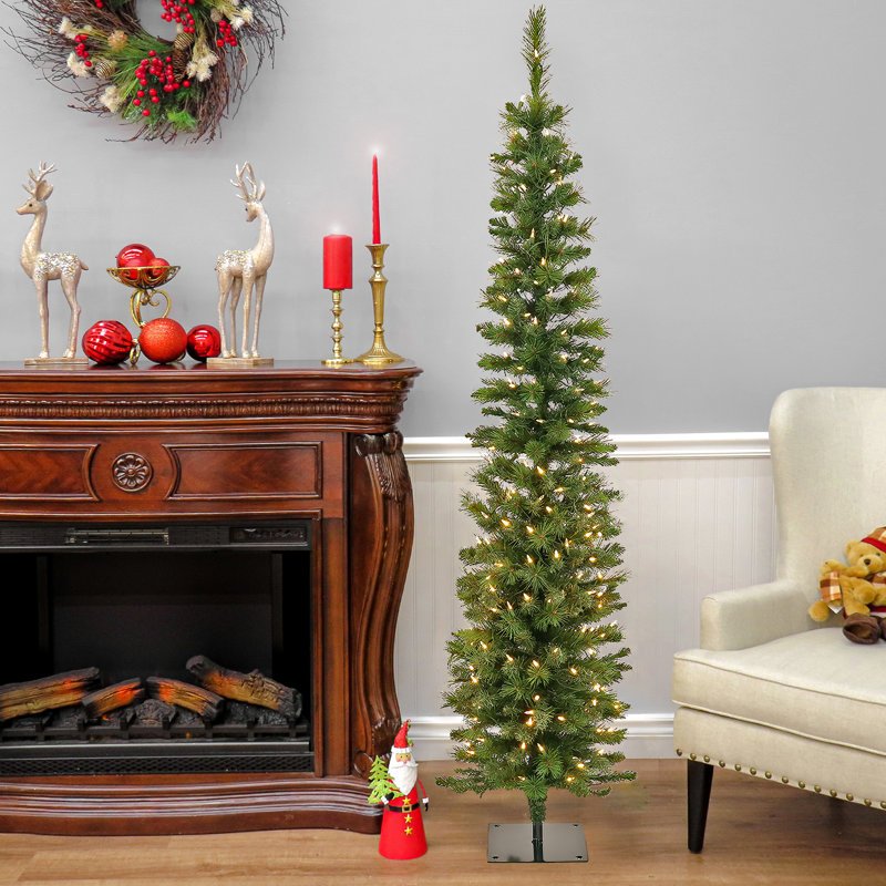 6 Ft. Pre-Lit Nooksack Fir Pencil Slim Tree With LED Lights
