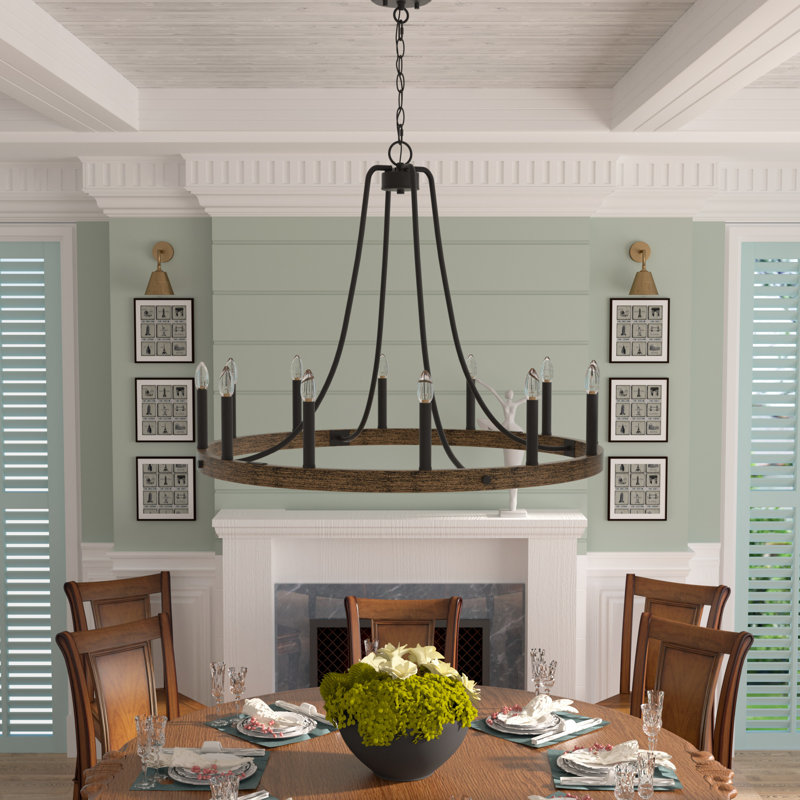 Adriana 12-Light Dimmable Steel Wagon Wheel Chandelier with Sloped Ceiling Adapter, Weathered Walnut