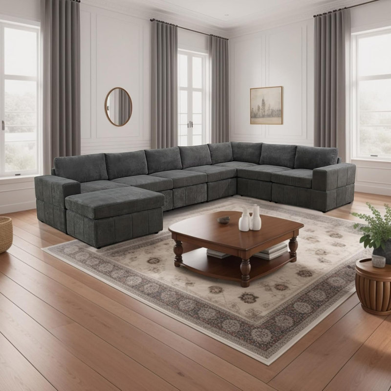 Canapé modulaire en L en microfibre 6 pièces avec repose-pieds Kerby, H 36 po x l 101 po x P 36 po