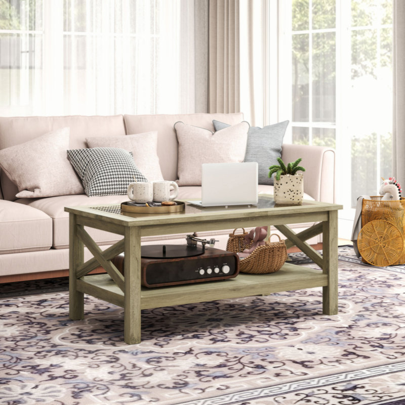 Gray Wood and Glass Coffee Table with Storage Shelf