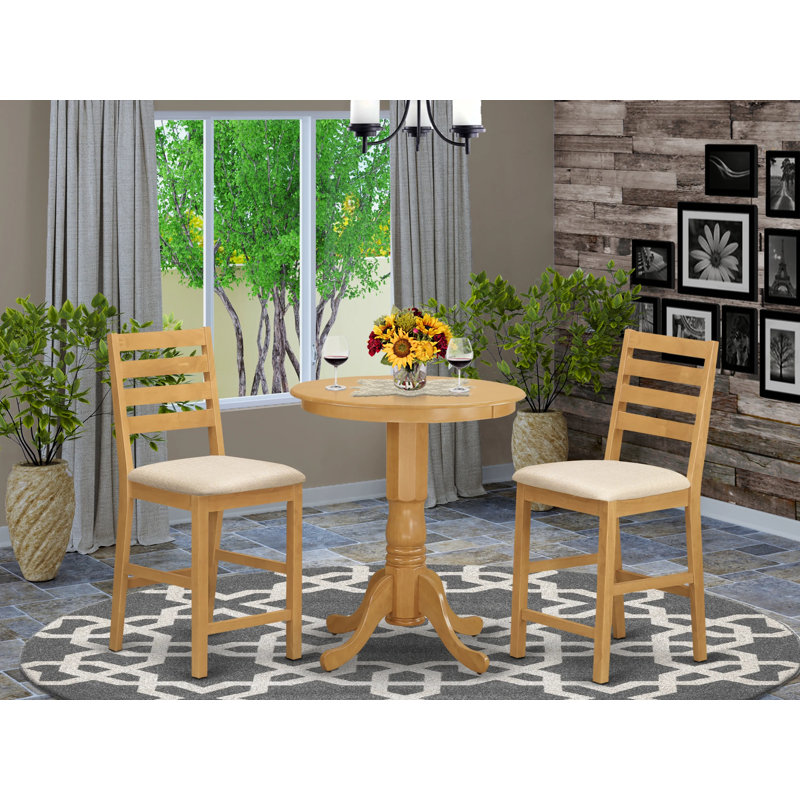 3 Piece Counter Height Dining Table Set for Small Spaces Contains a Round Kitchen Table with Pedestal and 2 Linen Fabric Dining Chairs, Oak