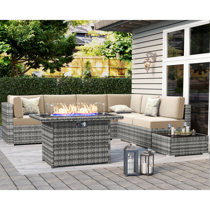 8 Piece Patio Furniture Set with 44" Propane Gas Fire Pit Table, Outdoor Sectional Conversation Set Wicker Rattan Sofa Set with Coffee Table