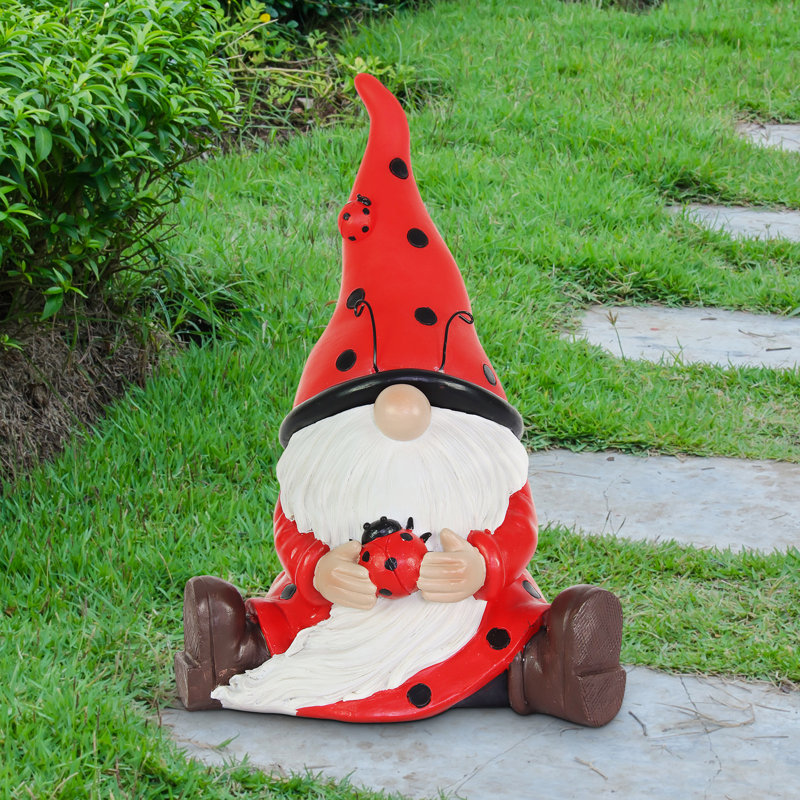 Statue de gnome avec coccinelle solaire Exhart 5,5 po x 9,5 po Exhart