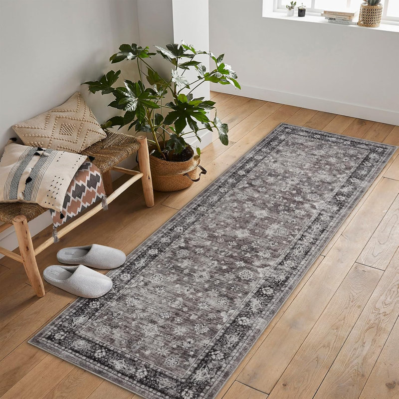 Vintage Washable Area Rug for Bedroom, Distressed Non-Slip Non-Shedding Floral Soft Throw Rugs for Living Room, Dining, Foyer(Brown)