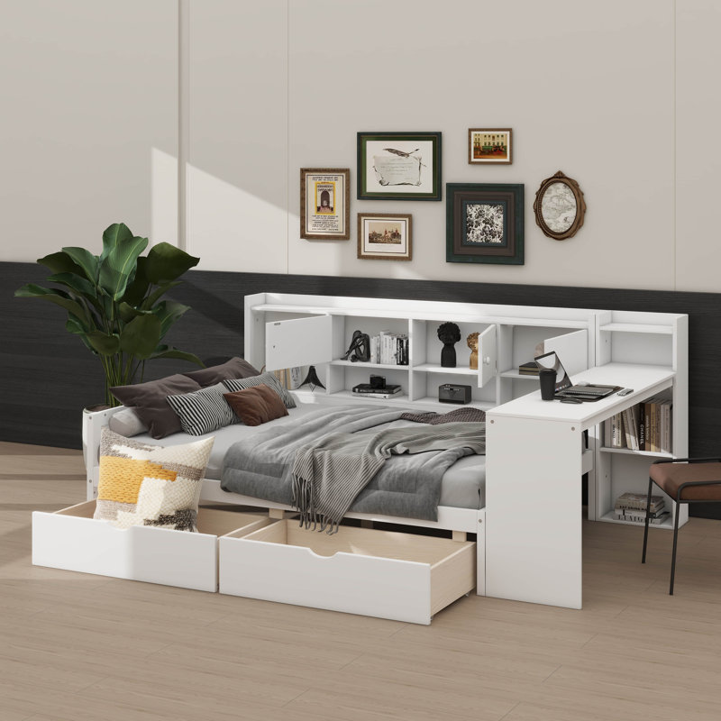 Full-Size Wooden L-Shaped Daybed With Seven Storage Spaces And Two Drawers, Multi-Functional Bed With Built-In Study Desk And Bookshelf