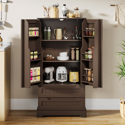 Kitchen Pantry with Refrigerator-Style Cabinet Doors, 2Large Drawer, and Recessed Handles for Kitchen or Living Room