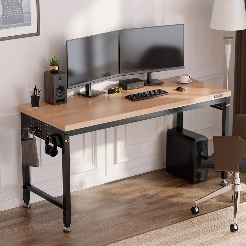 Adjustable Height Wood Workbench with Metal Frame and Power Outlets, 39.5" H x 72" W x 25" D