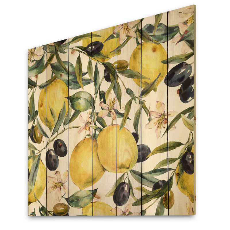 Citron et branches d'olivier I - impression tropicale sur bois de pin naturel, H 25 po x l 25 po x P 0,78 po