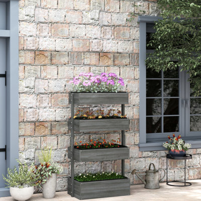 Jardinière verticale, 4 niveaux en bois pour les fleurs d'extérieur, légumes, herbes, auto-drainant avec tissu non tissé, fleur d'apparence grise, légume, culture d'herbes, tissu
