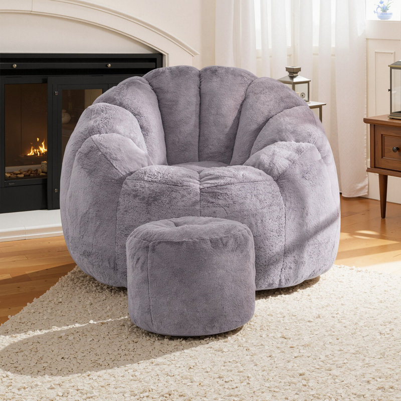 Compression 40"W Comfy Pumpkin Bean Bag Couch Sofa Chair,Modern Faux Fur Bean Bag Chair With Ottoman, Gray Velvet
