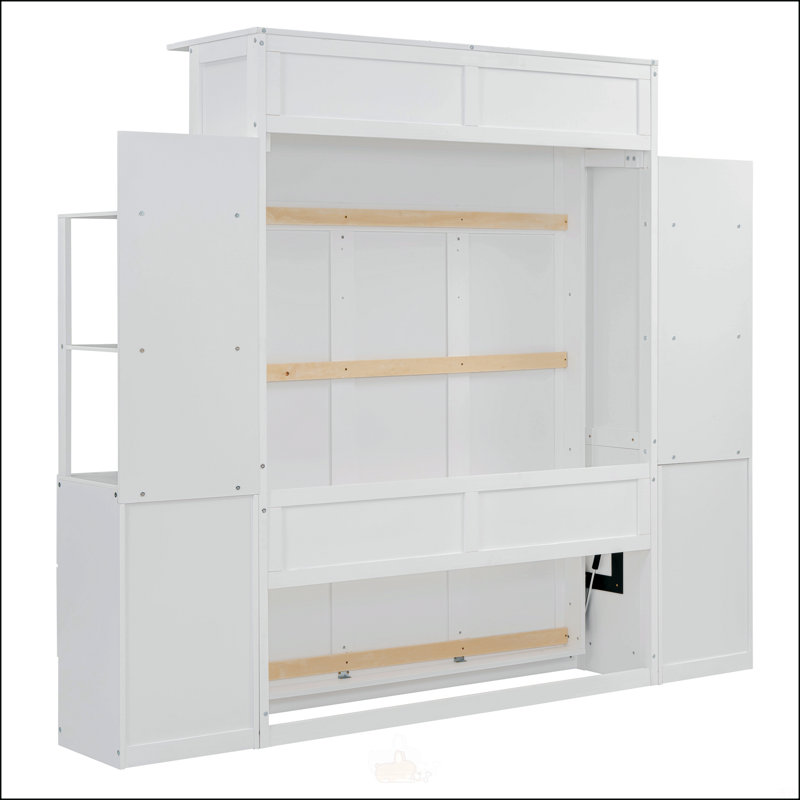 Lit escamotable double pleine grandeur avec tablettes, Double, Blanc