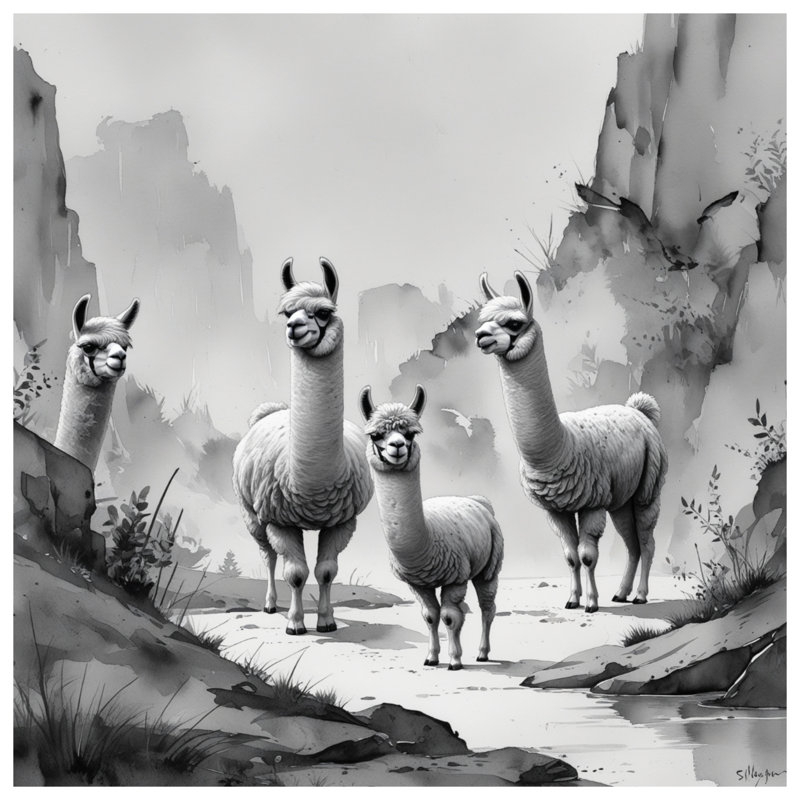 Couvre-lit matelassé noir et blanc avec lamas, Lit simple
