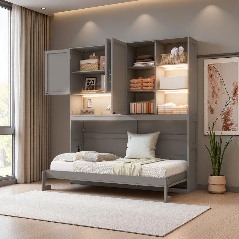 Lit escamotable mural simple avec armoire supérieure, tablettes, lit pliable peu encombrant avec lumière et USB, Gris