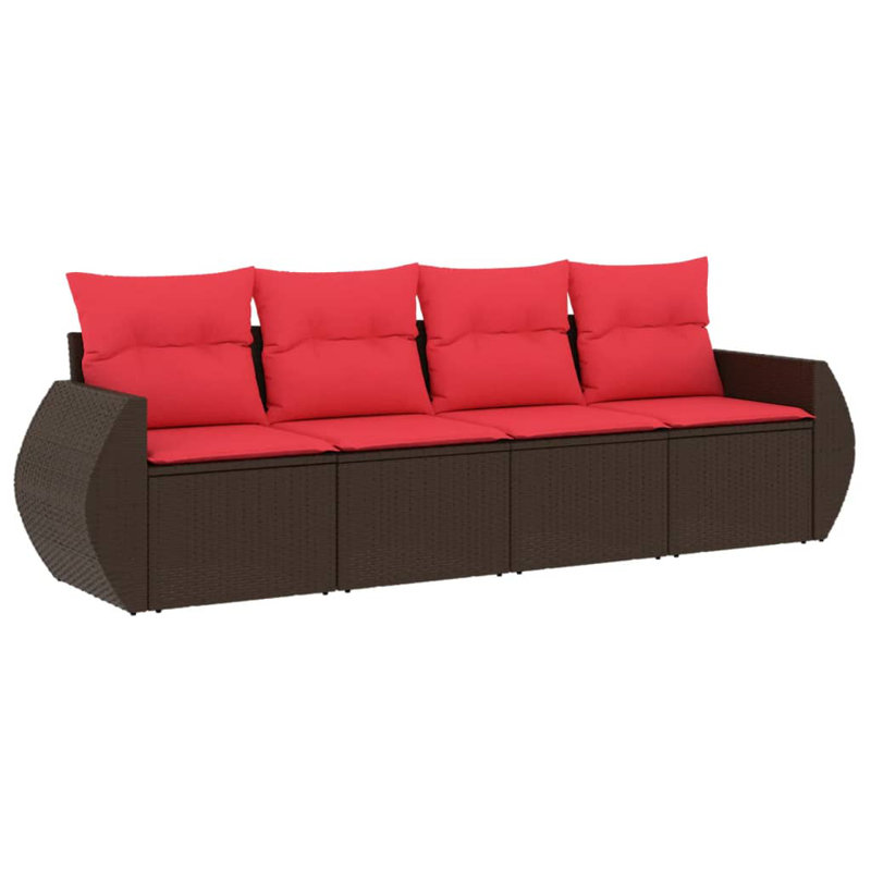Ensemble de canapé de patio 5 pièces avec coussins en rotin de polyester, Coussin rouge / cadre brun