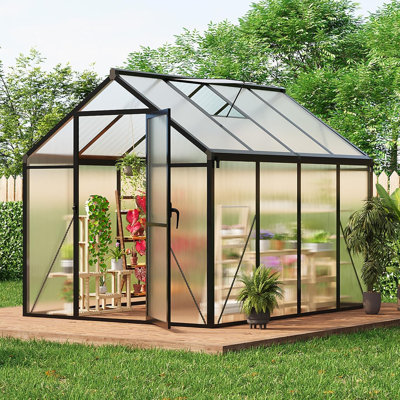 Serre en aluminium de 6 pi x 8 pi avec panneaux en polycarbonate, évent de toit, porte verrouillable et ancrages au sol pour jardin extérieur, cour arrière, patio, pelouse