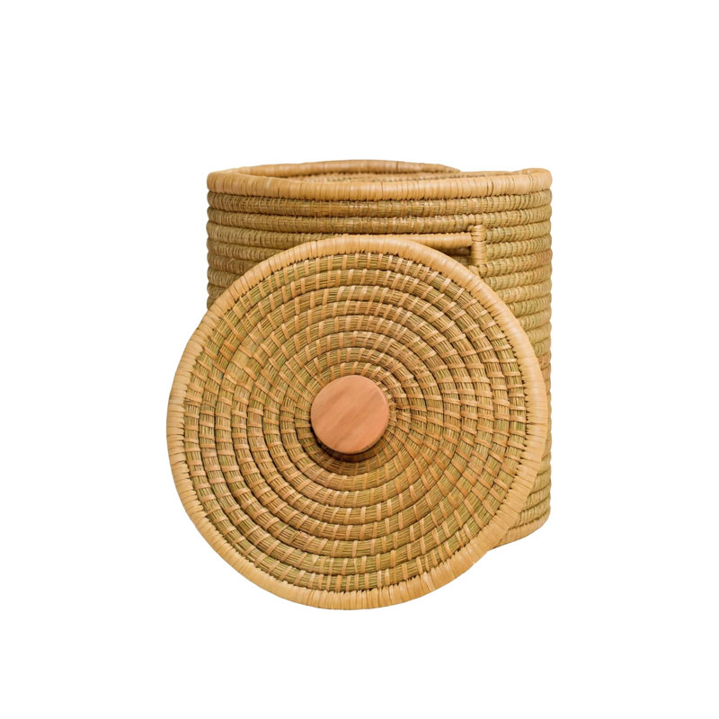 100% Handwoven Natural Rattan Round Basket with Lid & Handles, Boho Farmhouse Decorative Laundry & Storage Organizer, Handcrafted – Authentic African Craftsmanship